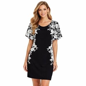 White House Black Market Shift Puff Sleeve Floral Dress Black Ecru NWT